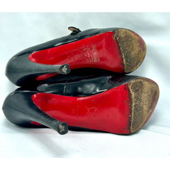 CHRISTIAN LOUBOUTIN Black Patent Leather Peep-Toe Mary Jane Platform Pum… - Picture 6 of 13